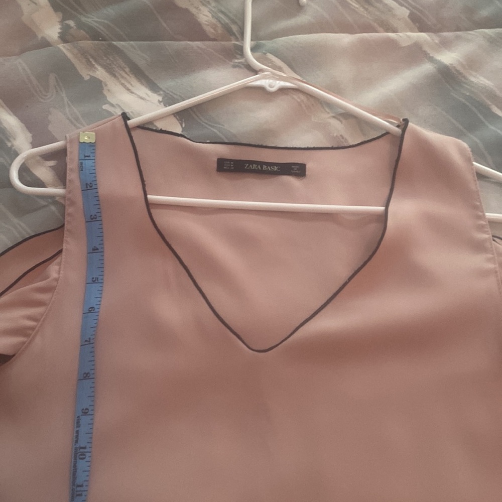 Zara pink dress with black trim sleeveless with scarf like sleeves V neck.M poly - Picture 9 of 11
